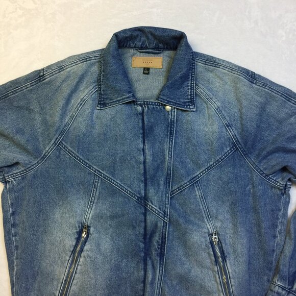 Blank NYC Denim Moto Jacket Mens Sz L Blue Jean Zip Up Vintage 80s Elastic Waist - Picture 10 of 13